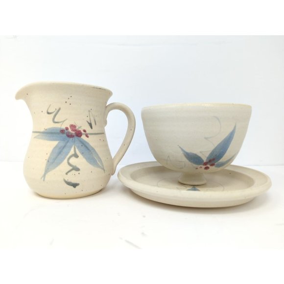 Vintage Medicine Hat Pottery 3 Pc Creamer and Covered Butter Dish Signed Taylor - Picture 1 of 13